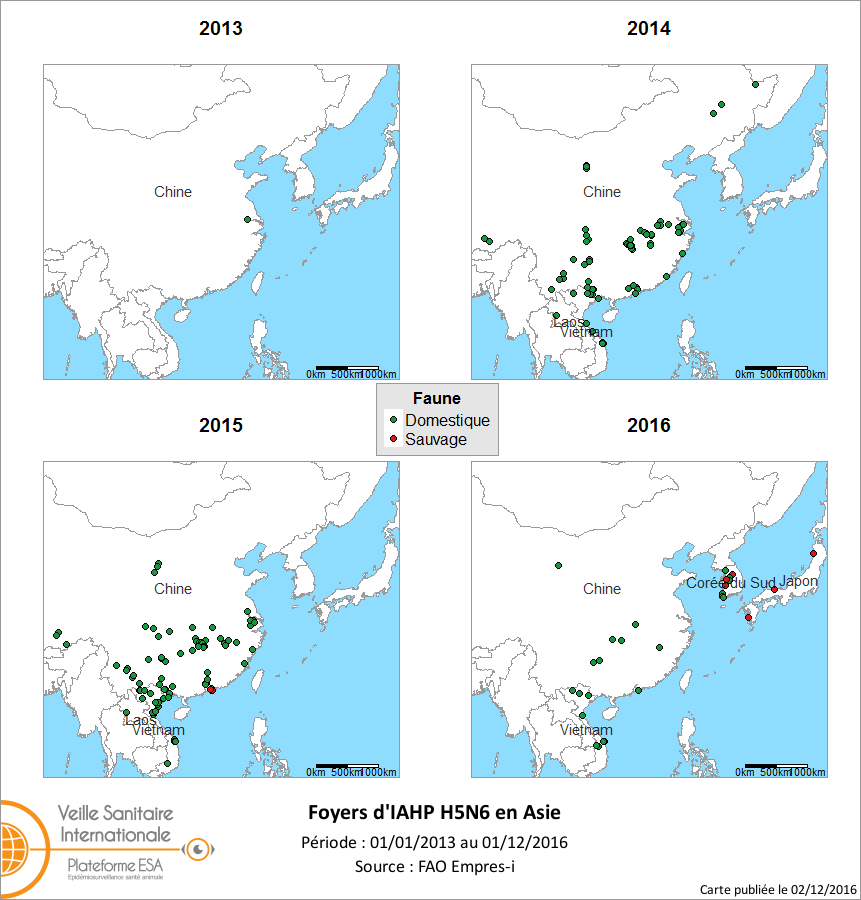 Figure 1. Foyers et cas d'IAHP H5N6 déclarés en Asie du Sud-Est par année depuis janvier 2013 – situation au 1er décembre 2016 (source : FAO Empres-i)