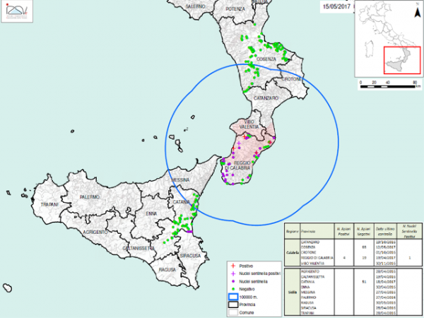 Figure 2 : Zone de surveillance Aethina tumida en Sicile et Calabre au 15 mai 2017