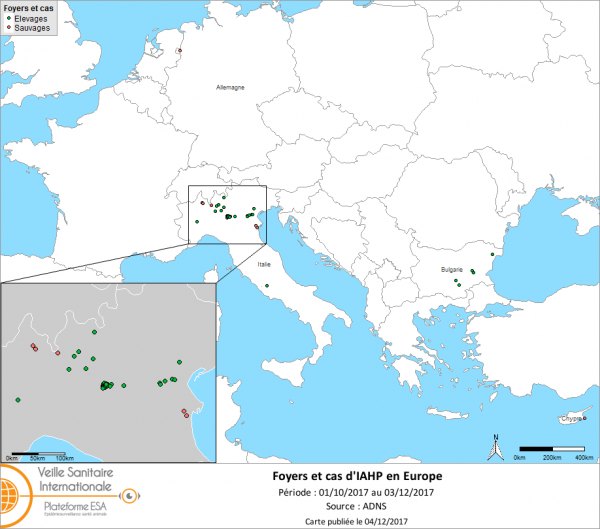 Figure 1 : Carte des foyers et de cas d’IAHP H5 déclarés en Europe du 1er octobre 2017 au 3 décembre 2017 inclus (sources : OIE/ADNS/DGAL).