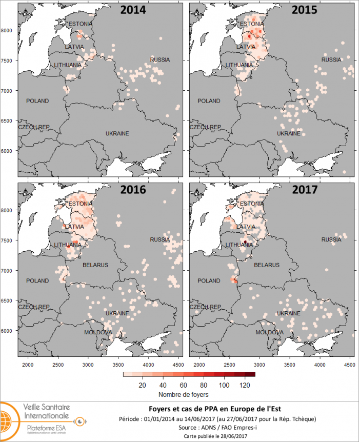 Figure 1: Evolution des foyers et cas de peste porcine africaine (PPA) chez les porcs domestiques et les sangliers sauvages dans le Nord-Est de l’Europe 