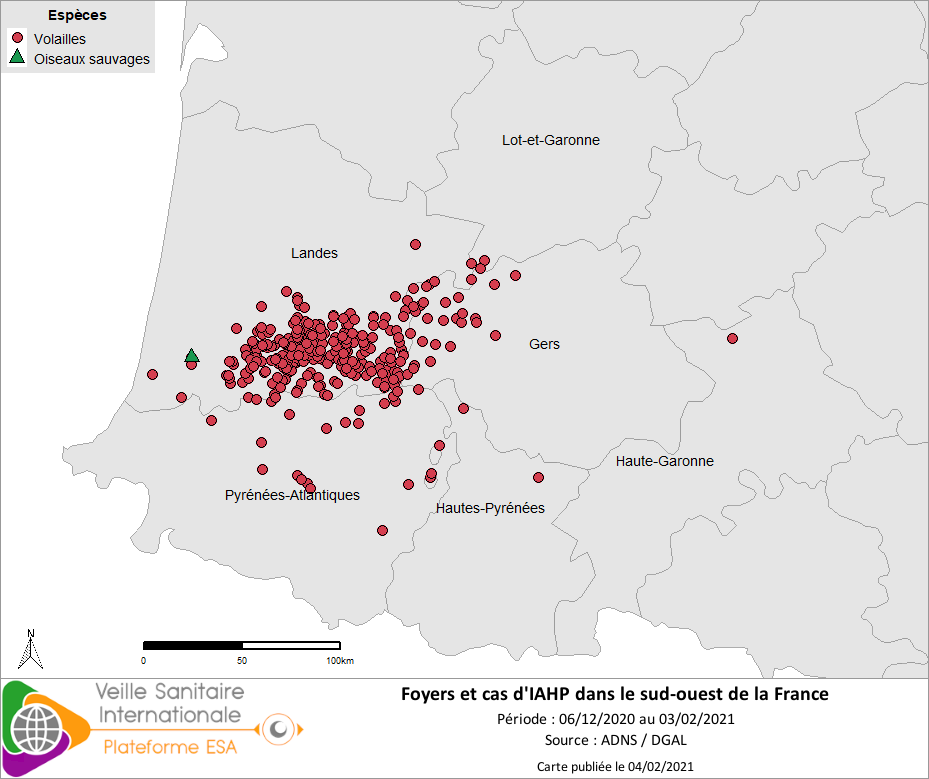 Localisation des cas sauvages et foyers domestiques d’IAHP H5Nx en France dans le sud-ouest confirmés entre le 06/12/2020 et le 03/02/2021 inclus