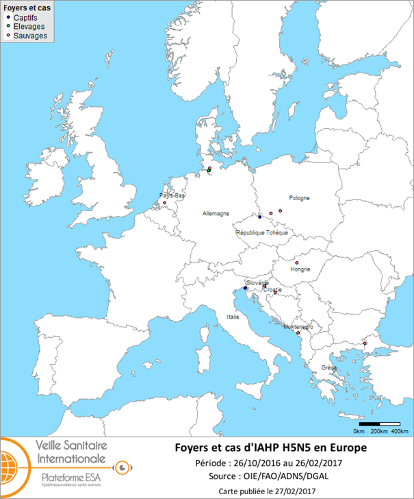 Figure 4 : Carte des foyers et de cas d’IAHP H5N5 déclarés dans l’UE entre le 26 octobre 2016 et le 26 février 2017 inclus (sources : OIE/ADNS/DGAL).