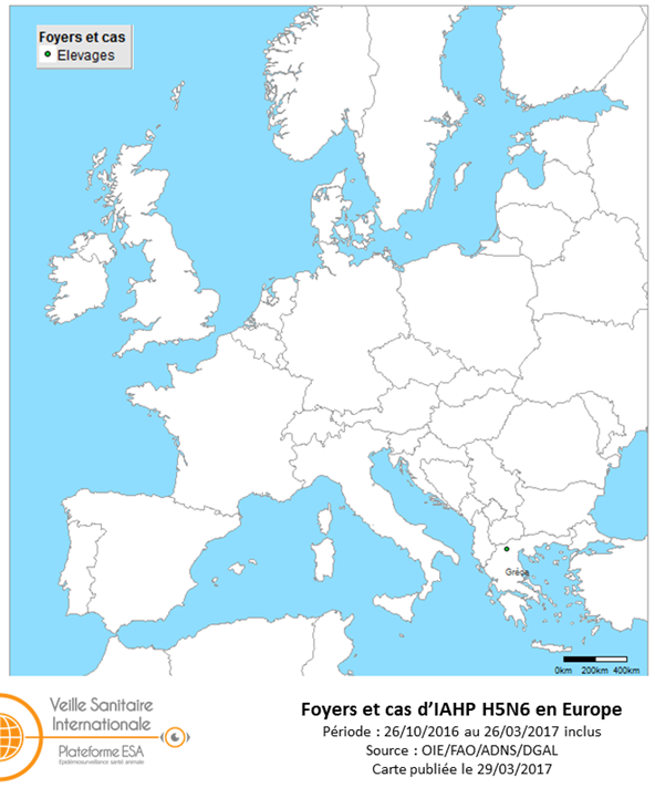 Figure 5 : Carte des foyers et de cas d’IAHP H5N6 déclarés dans l’UE entre le 26 octobre 2016 et le 26 mars 2017 inclus (sources : OIE/ADNS).