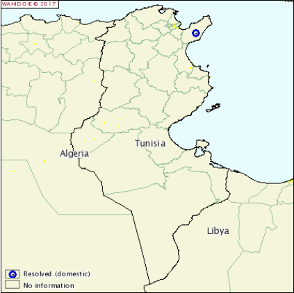 Figure : Foyer de BTV-3 déclaré le 28 decembre 2016 à Beni Khalled en Tunisie (source: OIE)