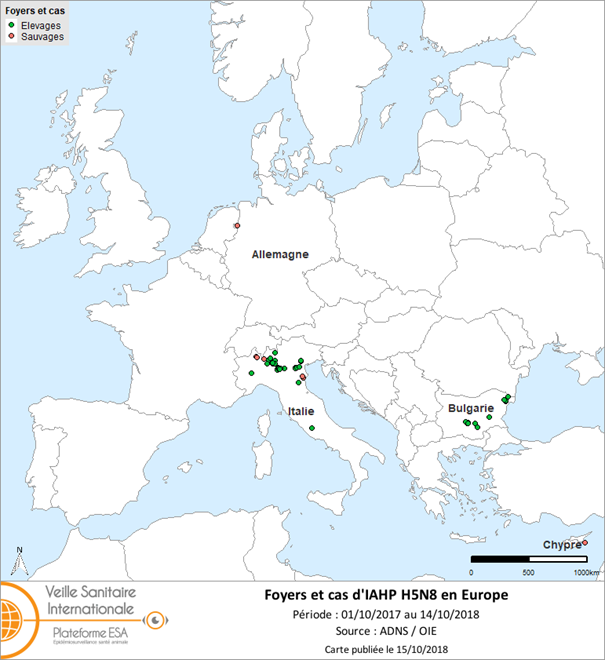 Figure 2. Carte des foyers et des cas d’IAHP H5N8 déclarés en Europe du 1er octobre 2017 au 14 octobre 2018 inclus (source : ADNS/OIE) 