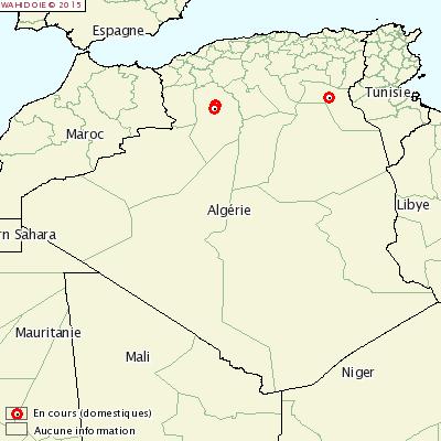 Figure 1. Localisation des trois foyers de fièvre aphteuse en Algérie au 10 mars 2015