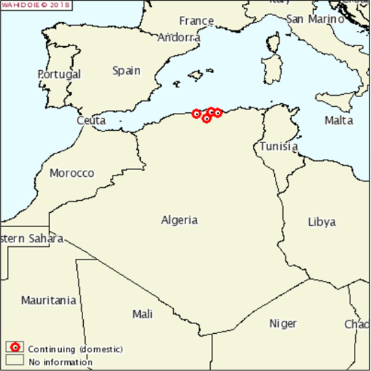 Figure 1. Foyers de FA en Algérie déclaré à l’OIE du 28/06/2018 au 09/07/2018 (source: FAO Empres-i)