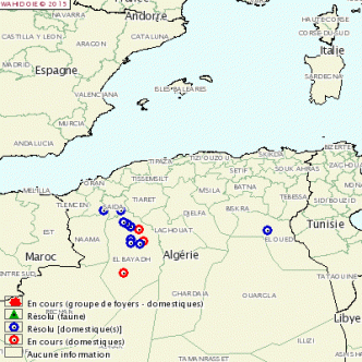 Figure 1. Localisation des foyers de fièvre aphteuse en Algérie au 5 mai 2015