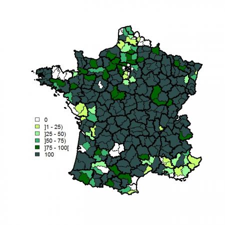 Figure 1 : Taux de réalisation des analyses FCO au niveau animal pour les bovins de 12-36 mois par arrondissement au 4 mars 2016 dans le cadre de l’enquête programmée
