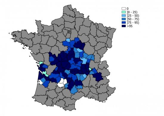 Figure 5: Taux de réalisation des analyses FCO au niveau animal pour les bovins de 12-36 mois par arrondissement 