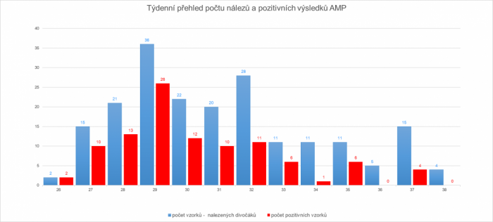 Figure 1. Distribution hebdomadaire des sangliers testés (en bleu) et des sangliers positifs pour la PPA