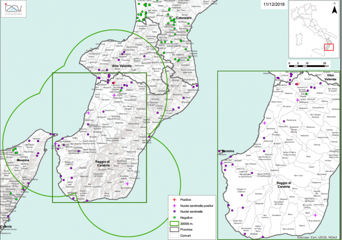 Figure 1. Zone de protection (en vert) pour la surveillance du petit coléoptère des ruches dans la province de Reggio di Calabria