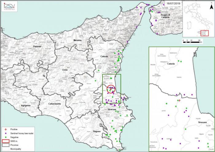 Figure 3 – Zone de protection de 10 km dans la province de Cosenza et ruchers contrôlés dans le cadre de la surveillance en 2019