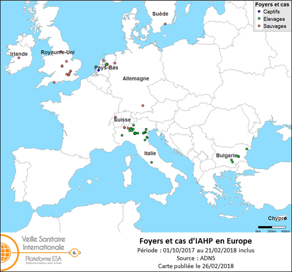 Figure 1 : Carte des foyers et de cas d’IAHP H5 déclarés en Europe du 1er octobre 2017 au 21 février 2018 inclus (source : ADNS).