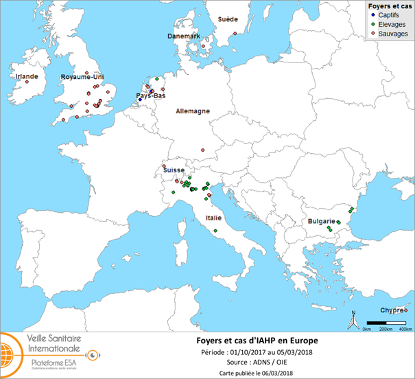 Figure 1 : Carte des foyers et de cas d’IAHP H5 déclarés en Europe du 1er octobre 2017 au 6 mars 2018 inclus (source : ADNS)