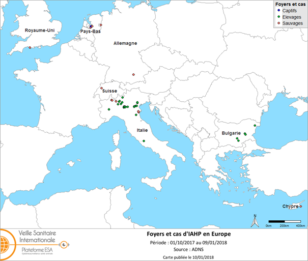 Figure 1 : Carte des foyers et de cas d’IAHP H5 déclarés en Europe du 1er octobre 2017 au 9 janvier 2018 inclus (source : ADNS).