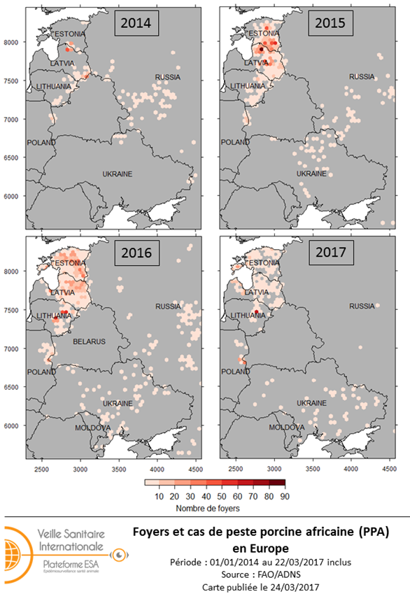 Figure 1: Evolution des foyers et cas de peste porcine africaine (PPA) chez les porcs domestiques et les sangliers sauvages dans le Nord-Est de l’Europe 