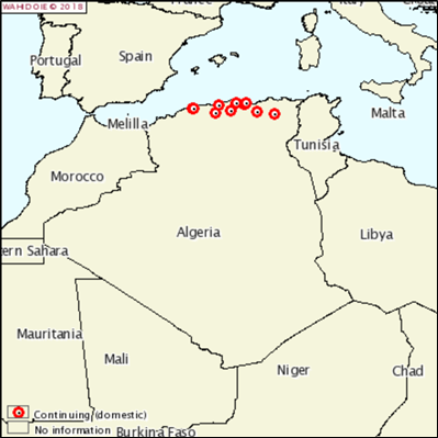 Figure 1: Foyers de fièvre aphteuse déclarés à l'OIE par les autorités algériennes depuis le 28 juin 2018 (source: OIE WAHIS)