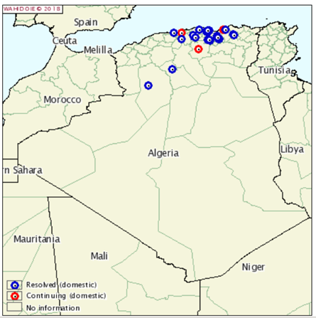 Figure 1. Foyers de fièvre aphteuse déclarés par l’Algérie le 06/09/2018 (Source : OIE)