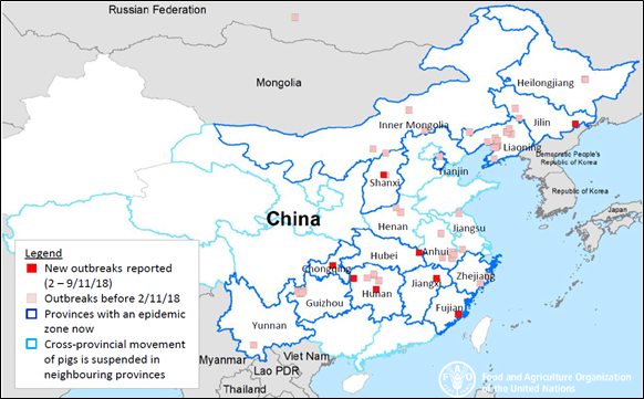 Figure 1. Foyers de PPA en Chine au 09/11/2018 (foyers récents en rouge)