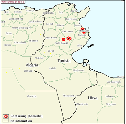 Figure 1. Neuf foyers de FCO-2 déclarés le 13 novembre en Tunisie (source: OIE WAHID)