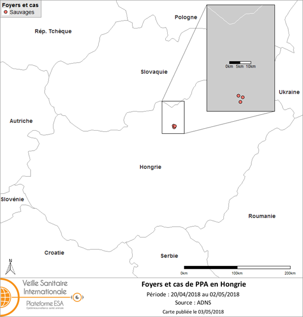 Figure 1 : Trois premiers cas de PPA déclarés en Hongrie (source: ADNS)