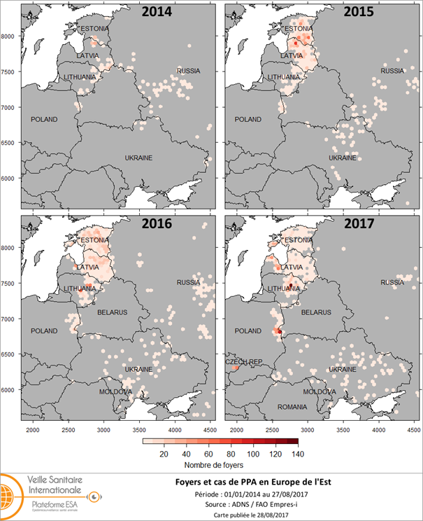 Figure 1: Evolution des foyers et cas de peste porcine africaine (PPA) chez les porcs domestiques et les sangliers sauvages dans le Nord-Est de l’Europe