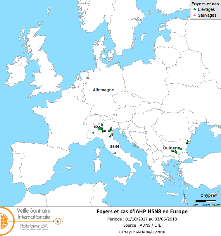 Figure 2. Carte des foyers et des cas d’IAHP H5N8 déclarés en Europe du 1er octobre 2017 au 3 juin 2018 inclus (source : ADNS/OIE)