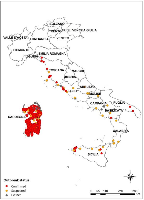 Figure 2: Carte des foyers de FCO déclarés en Italie du 1er août au 4 décembre 2017 (source : IZS)