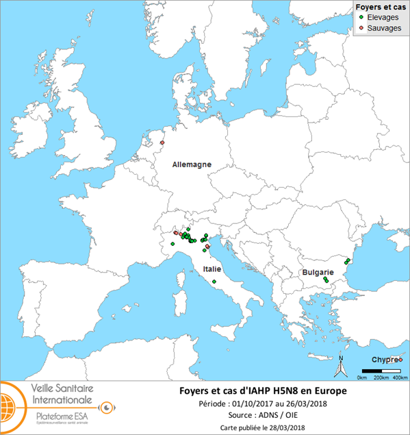 Figure 2 : Carte des foyers et de cas d’IAHP H5N8 déclarés en Europe du 1er octobre 2017 au 26 mars 2018 inclus (source : ADNS/OIE)