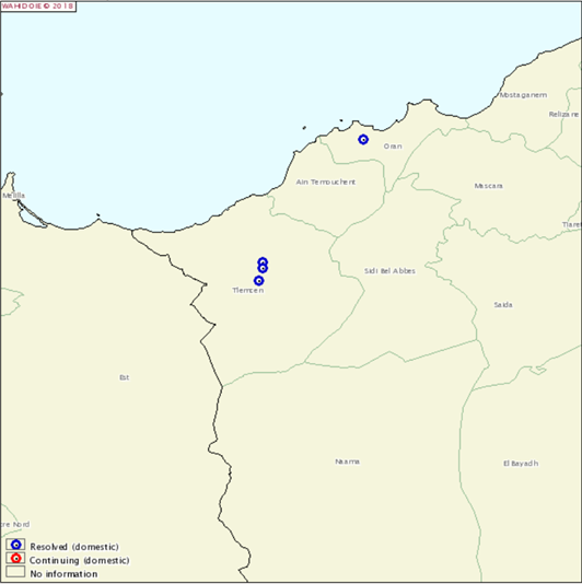 Figure 2. Foyers de fièvre aphteuse déclarés au Nord-Ouest de l'Algérie, dont trois foyers dans la wilaya de Tlemcen (source: OIE - déclarations du 17/10/2018)