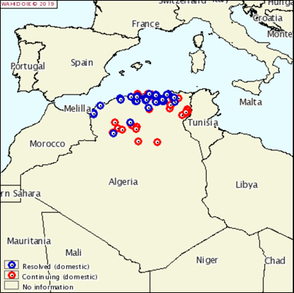 Figure 2. Localisation de tous les foyers de FA déclarés en Algérie depuis juin 2018 (source: OIE)