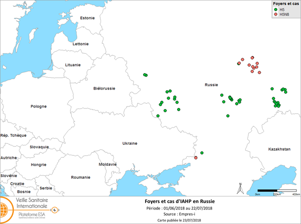 Figure 3. Foyers d'IAHP H5 déclarés en Russie en juin et juillet 2018 (au 22 juillet inclus) (source: FAO Empres-i)