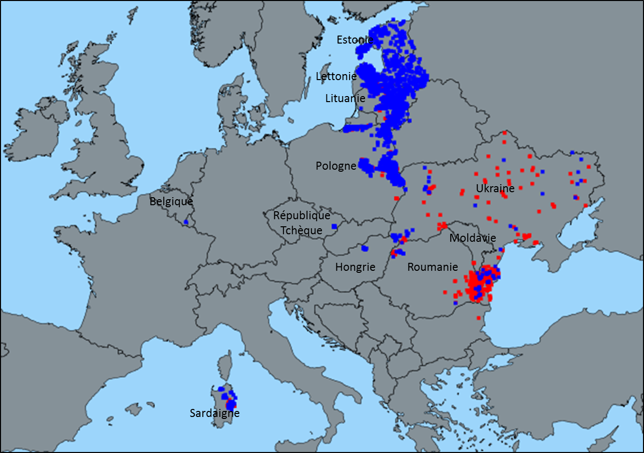 Figure 3: Foyers domestiques (en rouge) et cas sauvages (en bleu) de PPA confirmés en Europe