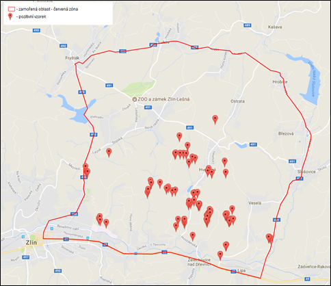 Figure 4: Cas positifs (en rouge) de PPA dans la commune de Zlin en République tchèque