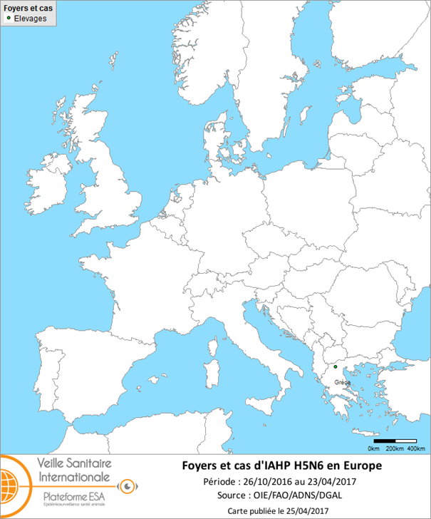 Figure 5 : Carte des foyers et de cas d’IAHP H5N6 déclarés dans l’UE entre le 26 octobre 2016 et le 23 avril 2017 inclus (sources : OIE/ADNS).