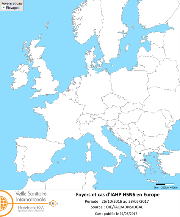 Figure 5 : Carte des foyers et de cas d’IAHP H5N6 déclarés dans l’UE entre le 26 octobre 2016 et le 28 mai 2017 inclus (sources : OIE/ADNS).