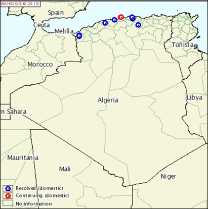 Figure 1. Nouveaux foyers de fièvre aphteuse déclarés par l’Algérie le 17/10/2018 (Source : OIE)
