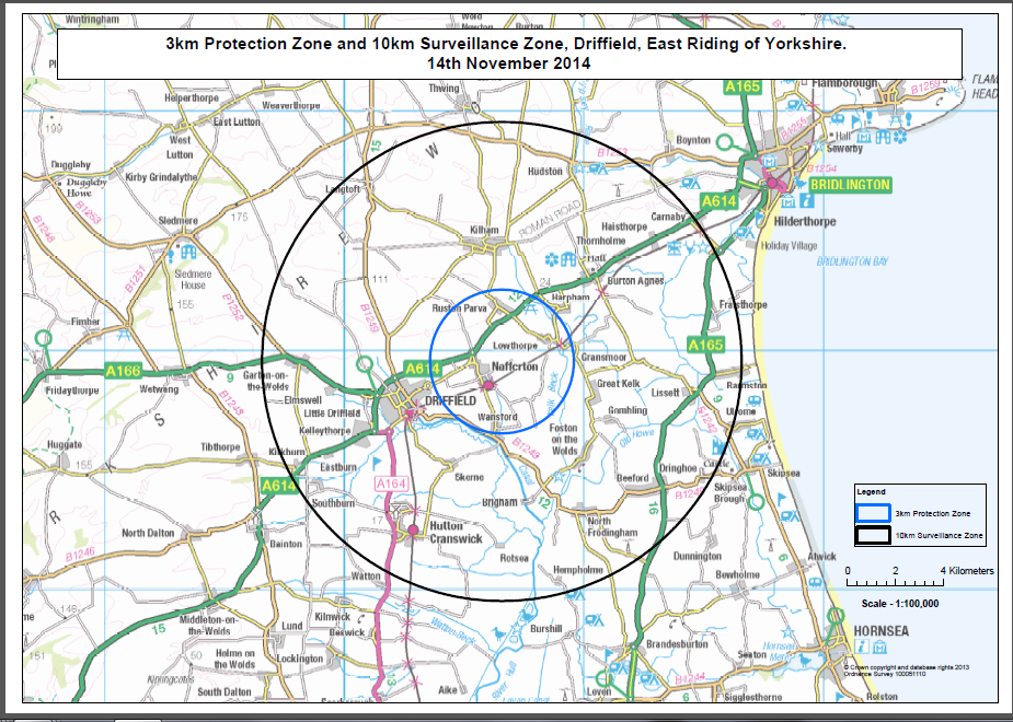 Figure 2: localisation du foyer dans le North Yorkshire et zones de protection et de surveillance (source Defra)
