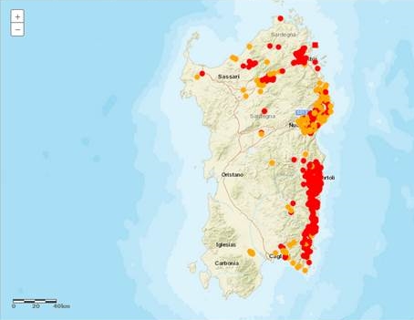 Figure 1 : Foyers de FCO en Sardaigne du 01/06/2017 au 18/09/2017 (suspects en orange et confirmés en rouge) (source : LNR italien)