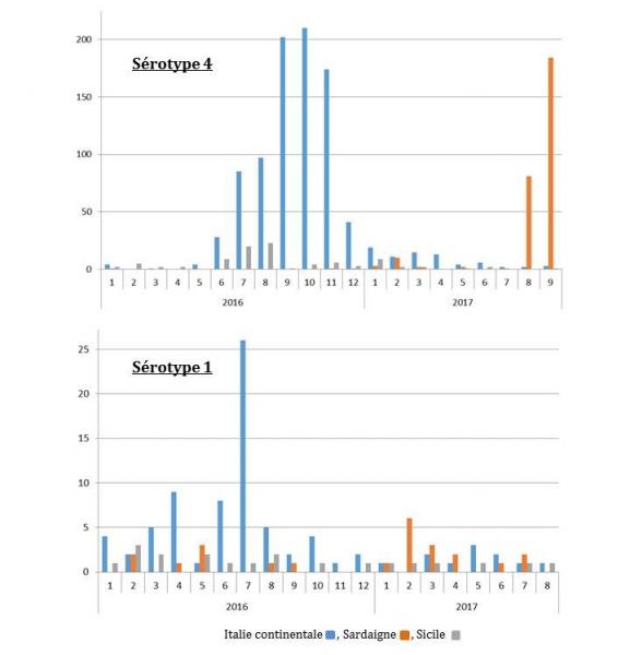 Figure 3 : Evolution mensuelle du nombre de foyers de sérotypes 1 et 4 en Italie en 2016 et 2017 (source ADNS au 18/09/2017)