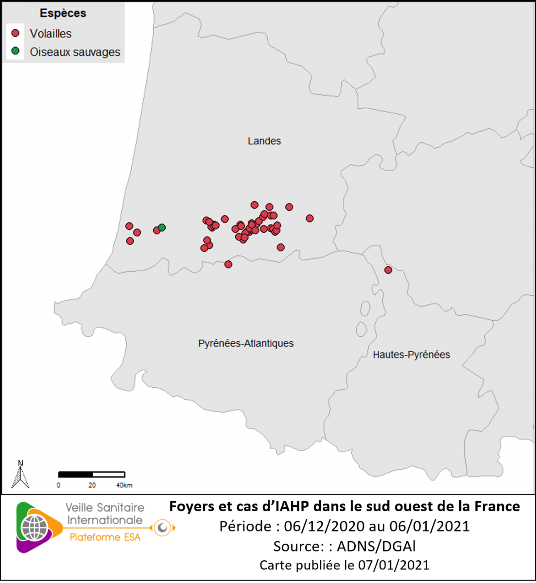 Localisation des cas sauvages et foyers domestiques d’IAHP H5NX en France dans le sud-ouest confirmés entre le 06/12/2020 et le 06/01/2021 inclus