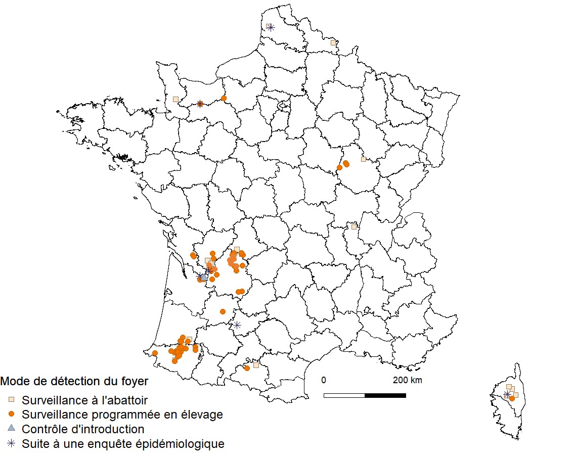 Répartition géographique, en France métropolitaine, des 92 foyers de tuberculose bovine déclarés