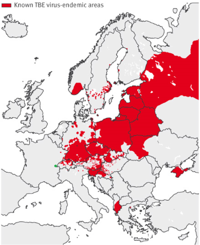 Figure 1 Aire de répartition connue de l’encéphalite à tiques en Europe