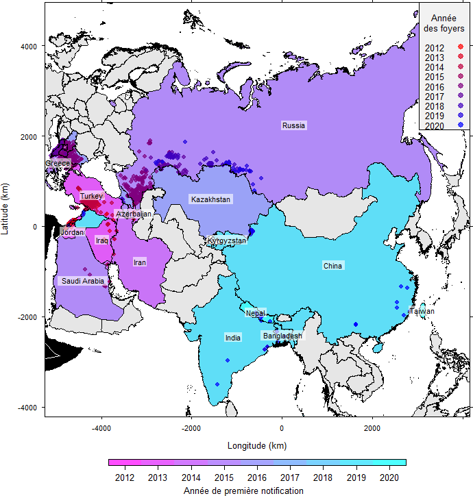 Figure 1. Distribution des pays d’Eurasie infectés de DBCB et des foyers de cette maladie notifiés par les Services Vétérinaires nationaux à l’Organisation mondiale de la santé animale