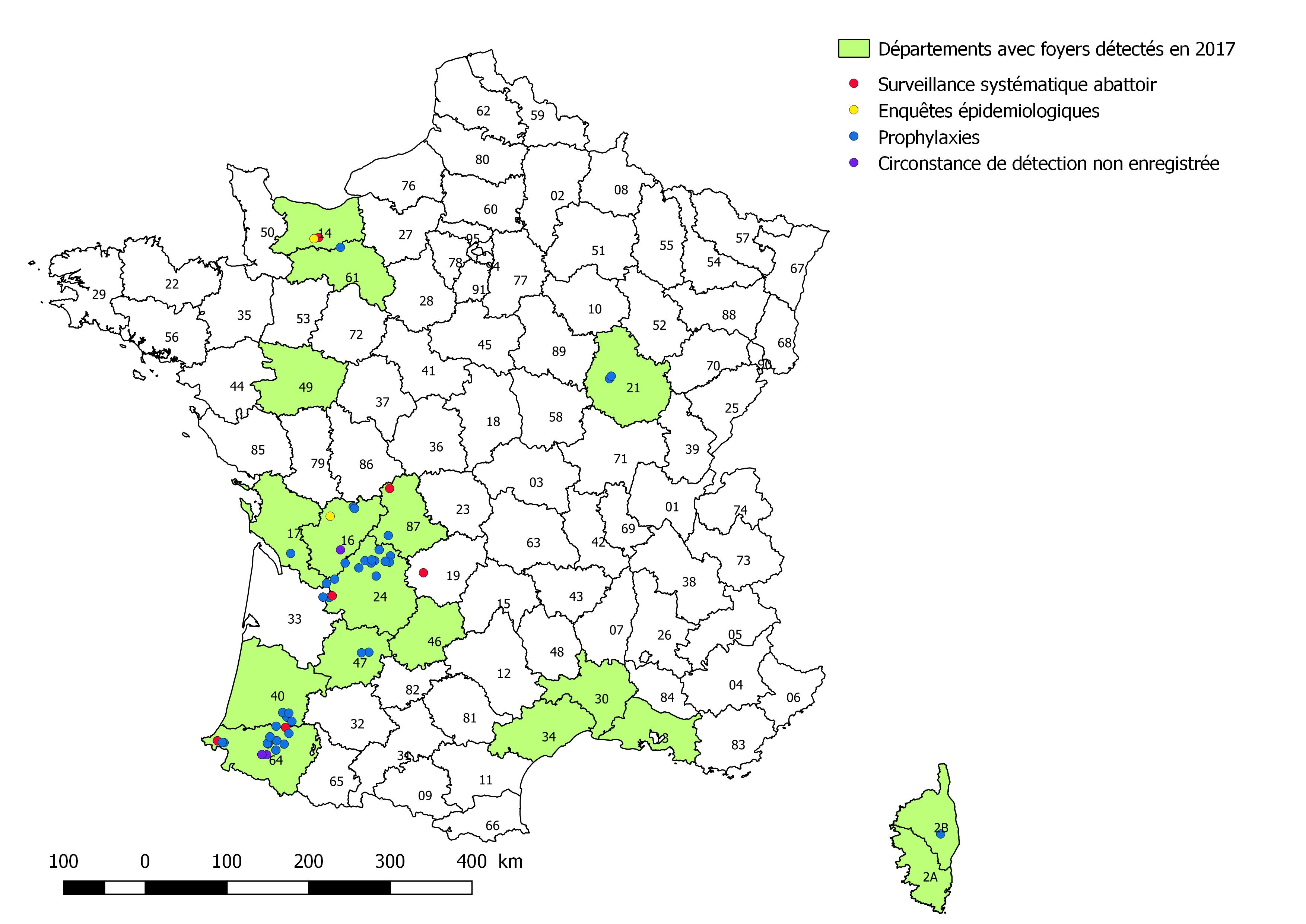 Figure 1 - Modalités de détection et répartition géographique des foyers bovins de tuberculose à M. bovis en France métropolitaine
