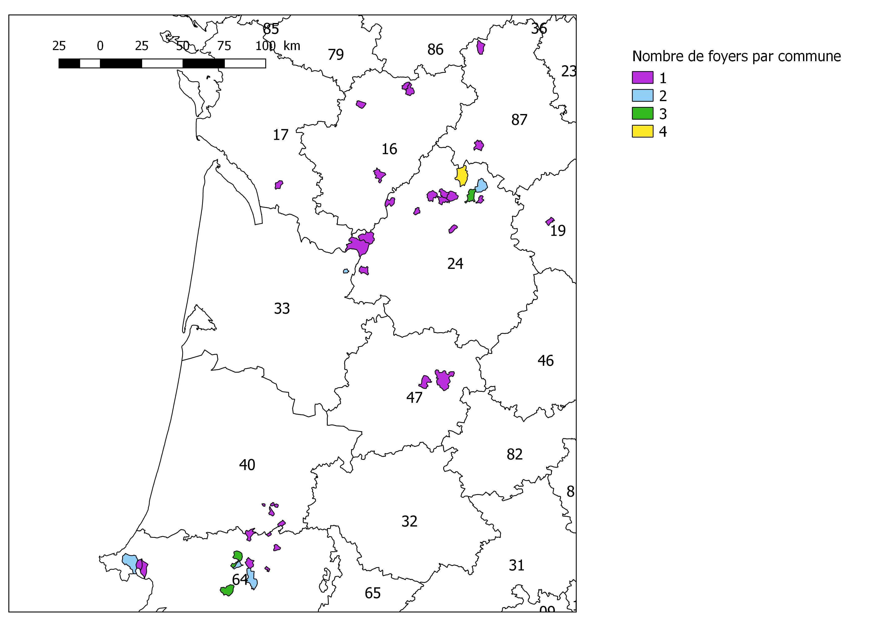 Figure 2 bis – Nombre de foyers bovins de tuberculose à M. bovis détectés par commune