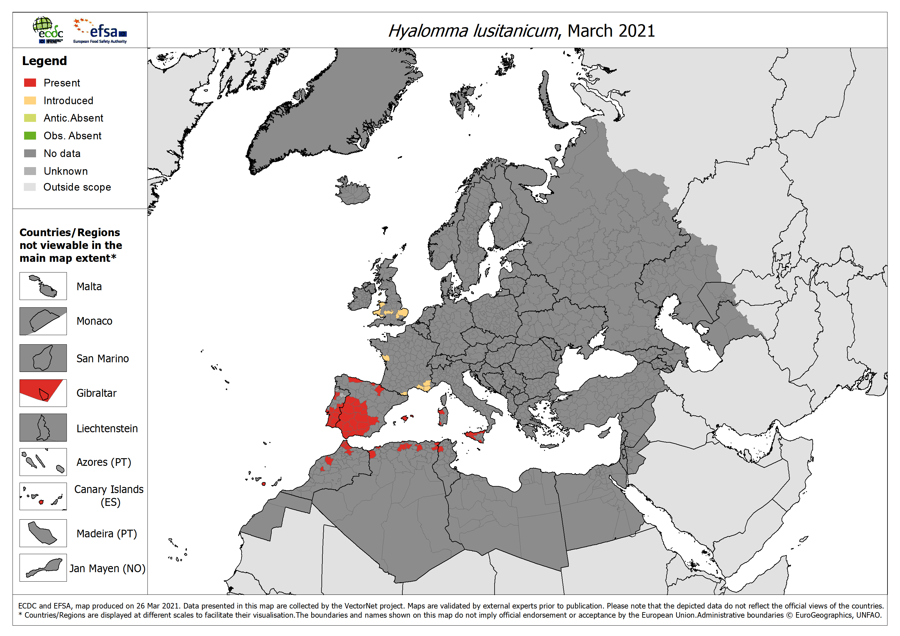 Distribution de Hyalomma lusitanicum en Europe et sur le pourtour méditerranéen en mars 2021