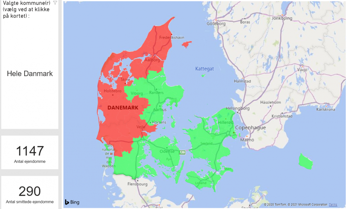 Localisation des exploitations de visons détectées positives au SARS-CoV-2 au Danemark