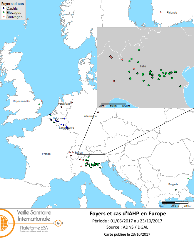 Figure 1 Carte des foyers et de cas d’IAHP H5 déclarés en Europe 